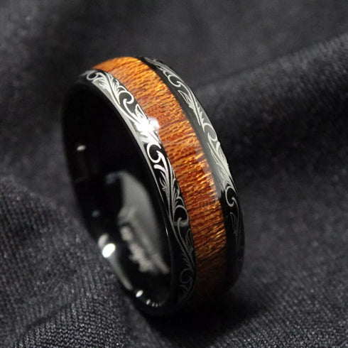 Men's 8mm Tungsten Ring Koa Wood Inlay With Laser Pattern Dome Wedding Band